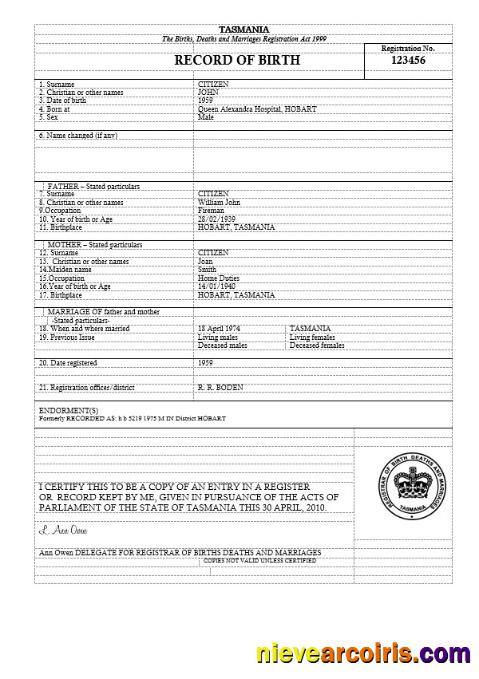 Australia Tasmania birth certificate